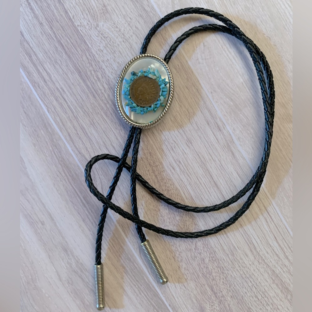 Vintage Bolo 1904 Indian Head Penny Turquoise Chip on Mother of Pearl Pendant